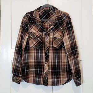 Sanctuary Anthropologie Brown Peyote Plaid Flannel Jacket Button Down Si…